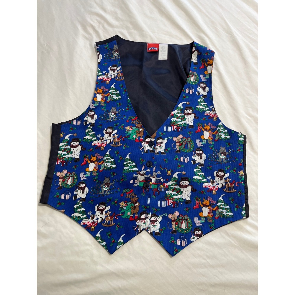 Snowden Blue Christmas Vest Snowman Reindeer Mouse Holiday Print Womens Large